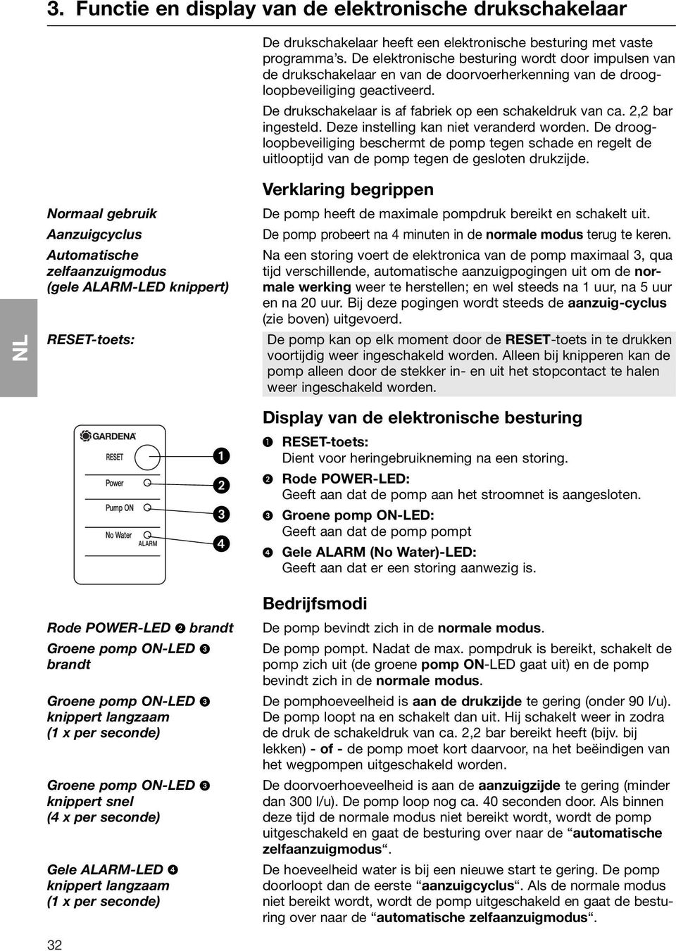 De drukschakelaar is af fabriek op een schakeldruk van ca. 2,2 bar ingesteld. Deze instelling kan niet veranderd worden.