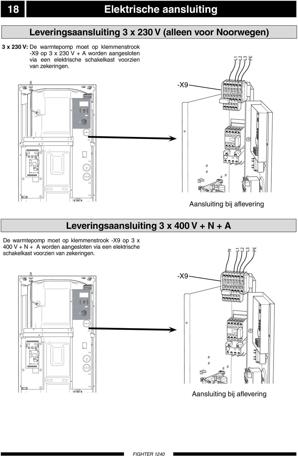 L1 L2 L3 PE -X9 Aansluiting bij aflevering Leveringsaansluiting 3 x 400 V + + A De warmtepomp moet op klemmenstrook -X9