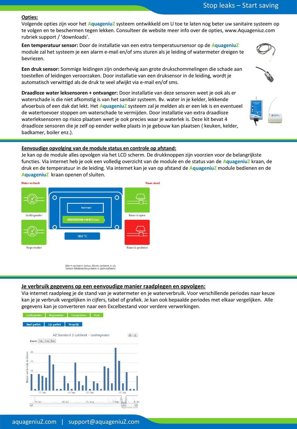 Een temperatuur sensor: Door de installatie van een extra temperatuursensor op de AquageniuZ module zal het systeem je een alarm e-mail en/of sms sturen als je leiding of watermeter dreigen te