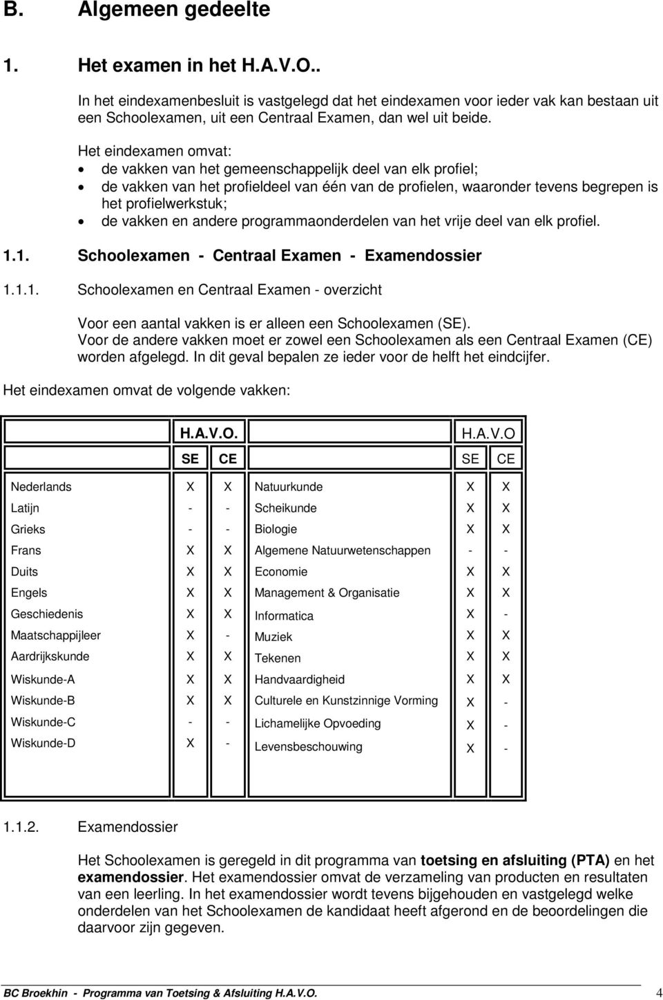 Het eindexamen omvat: de vakken van het gemeenschappelijk deel van elk profiel; de vakken van het profieldeel van één van de profielen, waaronder tevens begrepen is het profielwerkstuk; de vakken en