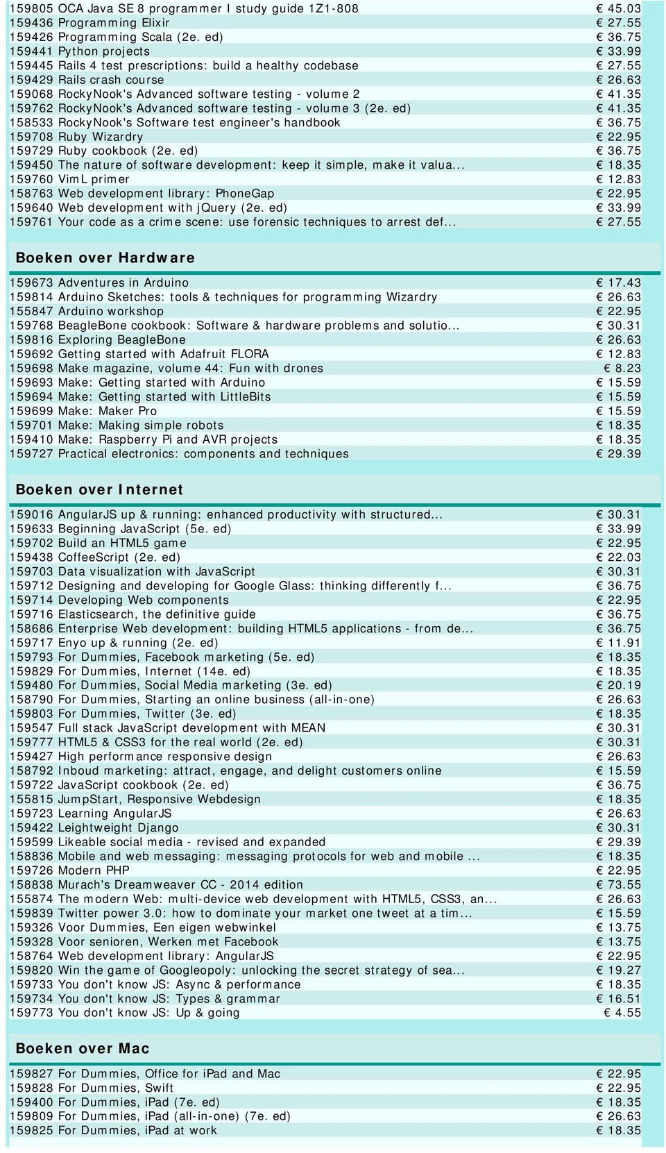 35 159762 RockyNook's Advanced software testing - volume 3 (2e. ed) 41.35 158533 RockyNook's Software test engineer's handbook 36.75 159708 Ruby Wizardry 22.95 159729 Ruby cookbook (2e. ed) 36.