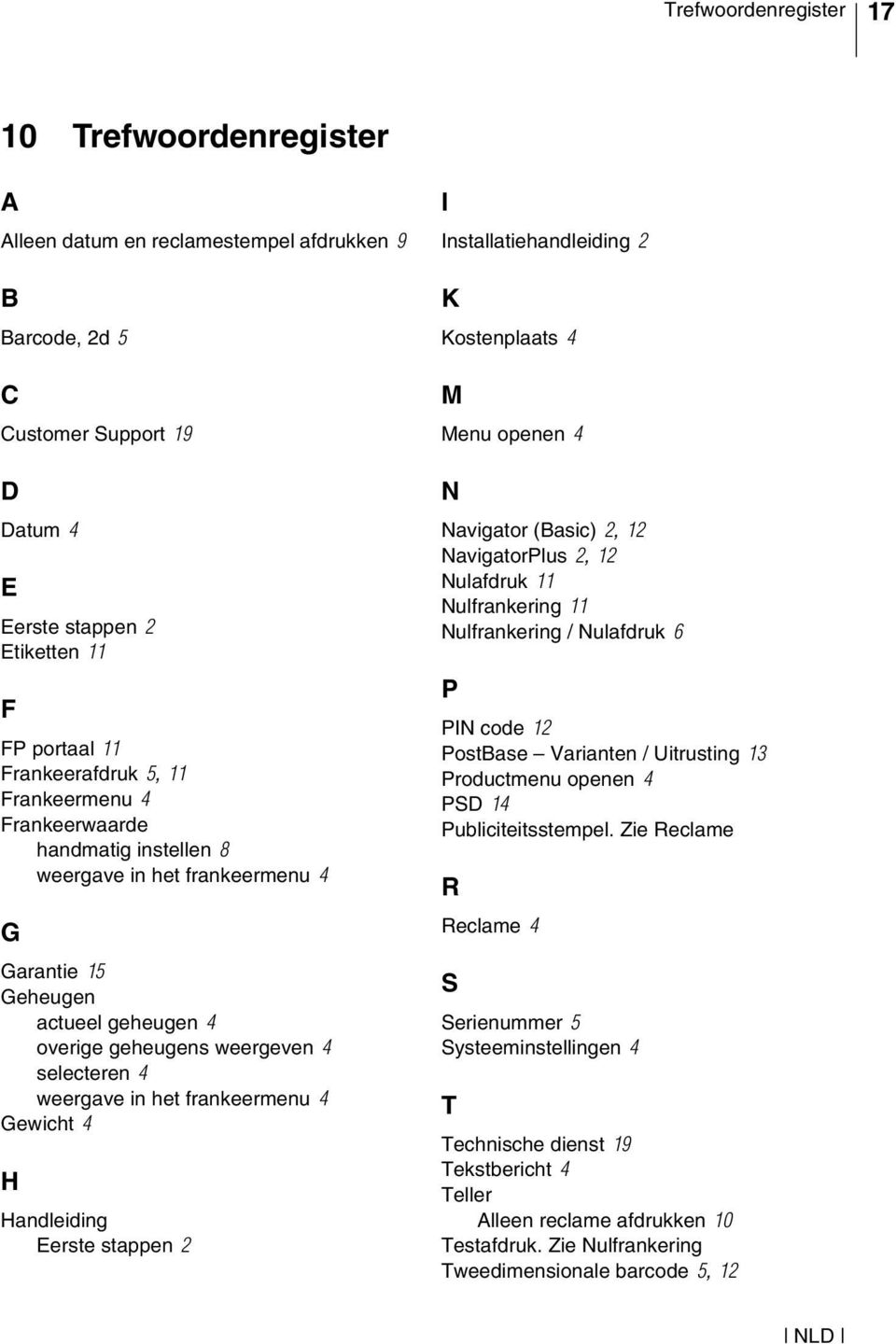 in het frankeermenu 4 Gewicht 4 H Handleiding Eerste stappen 2 I Installatiehandleiding 2 K Kostenplaats 4 M Menu openen 4 N Navigator (Basic) 2, 12 NavigatorPlus 2, 12 Nulafdruk 11 Nulfrankering 11