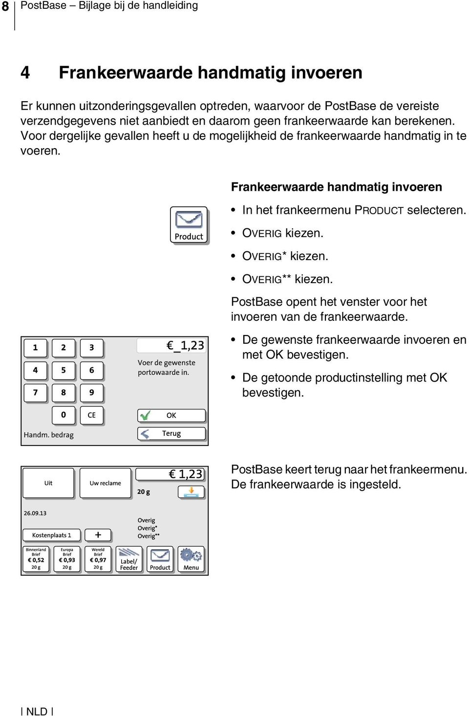 Frankeerwaarde handmatig invoeren In het frankeermenu PRODUCT selecteren. OVERIG kiezen. OVERIG* kiezen. OVERIG** kiezen.