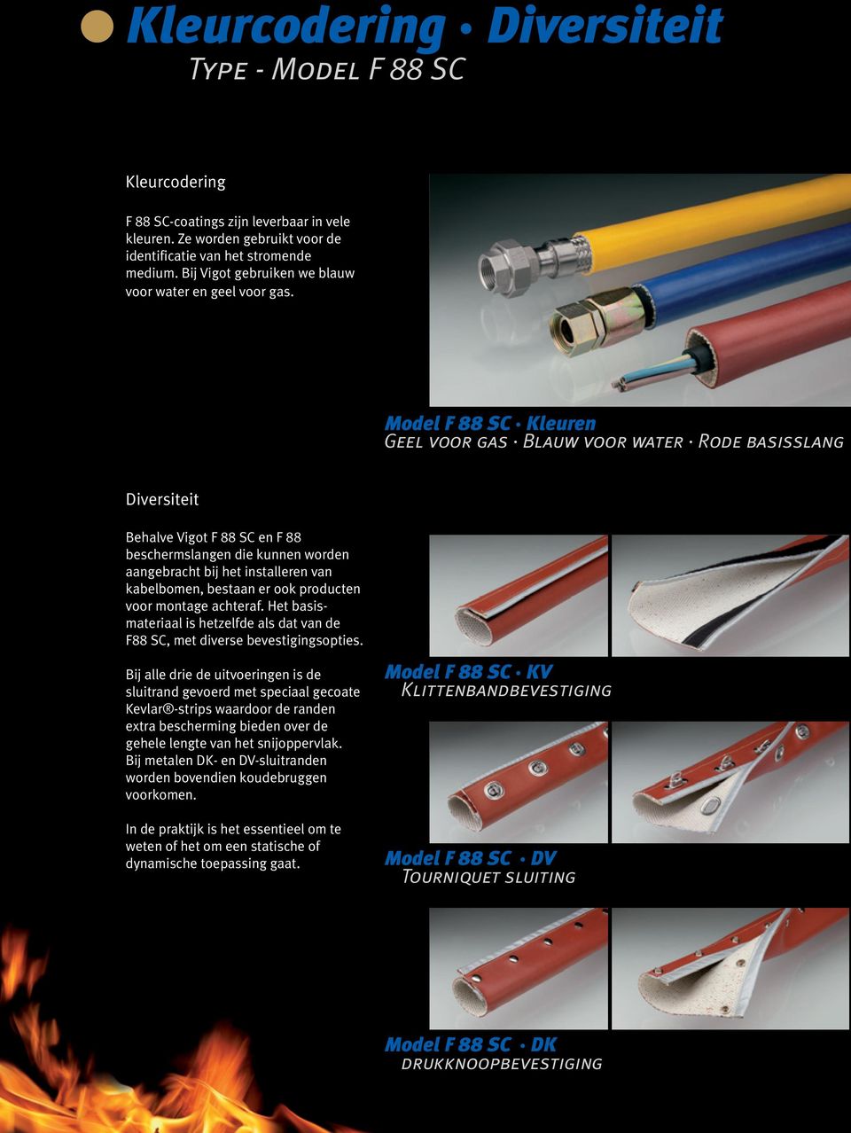 Model F 88 SC Kleuren Geel voor gas Blauw voor water Rode basisslang Diversiteit Behalve Vigot F 88 SC en F 88 beschermslangen die kunnen worden aangebracht bij het installeren van kabelbomen,