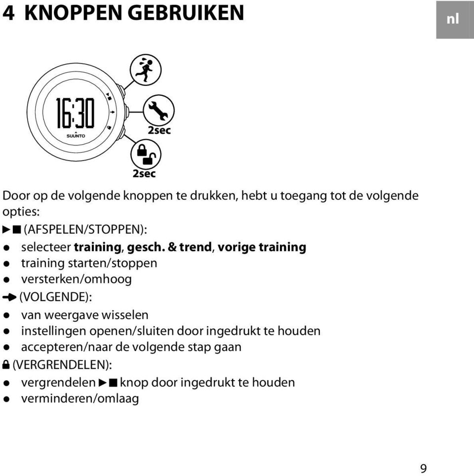 & trend, vorige training training starten/stoppen versterken/omhoog (VOLGENDE): van weergave wisselen