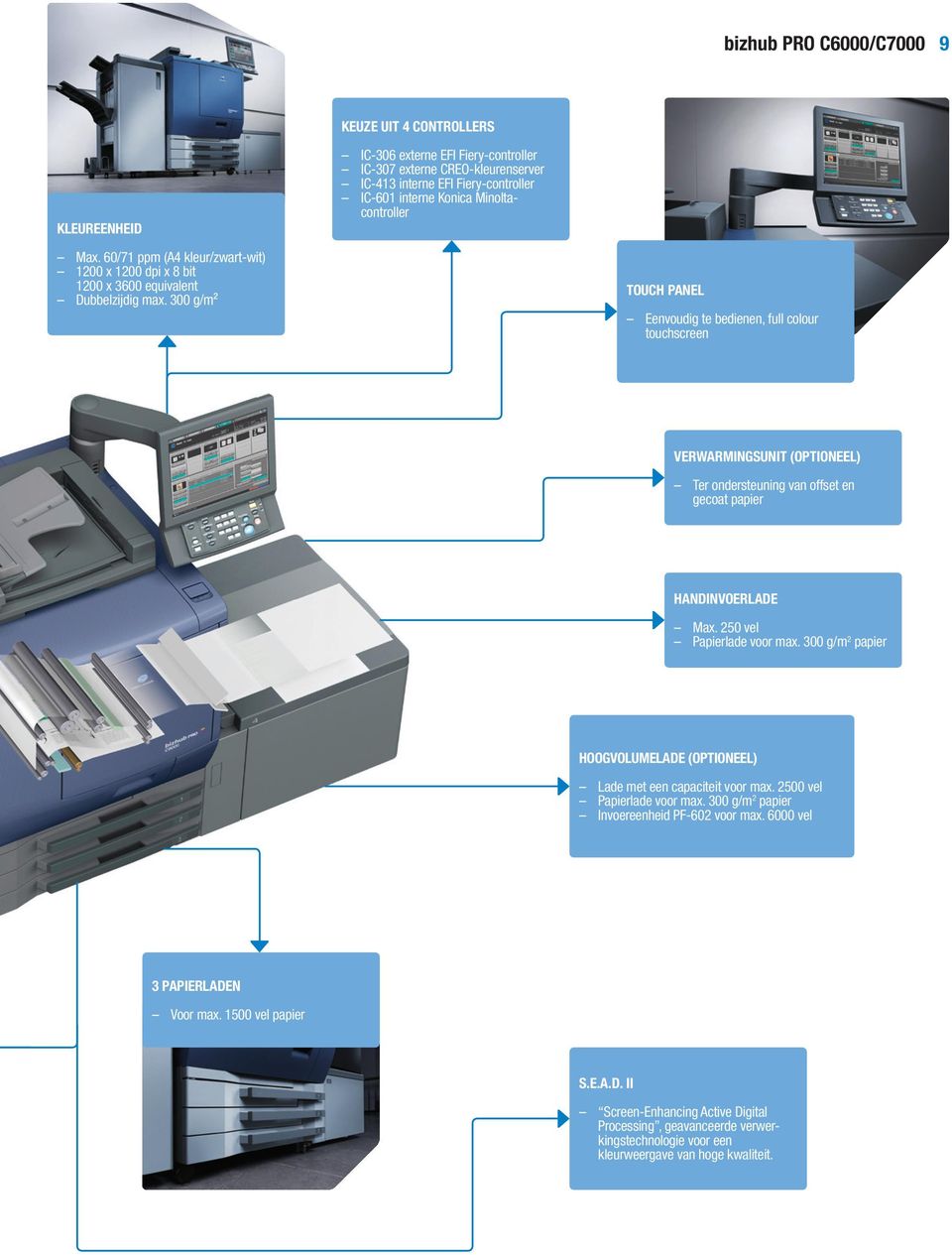 300 g/m² TOUCH PANEL Eenvoudig te bedienen, full colour touchscreen VERWARMINGSUNIT (OPTIONEEL) Ter ondersteuning van offset en gecoat papier HANDINVOERLADE Max. 250 vel Papierlade voor max.