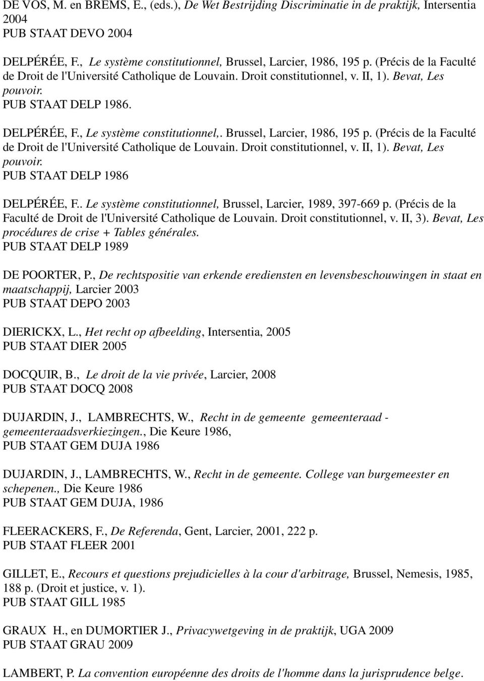 Brussel, Larcier, 1986, 195 p. (Précis de la Faculté de Droit de l'université Catholique de Louvain. Droit constitutionnel, v. II, 1). Bevat, Les pouvoir. PUB STAAT DELP 1986 DELPÉRÉE, F.