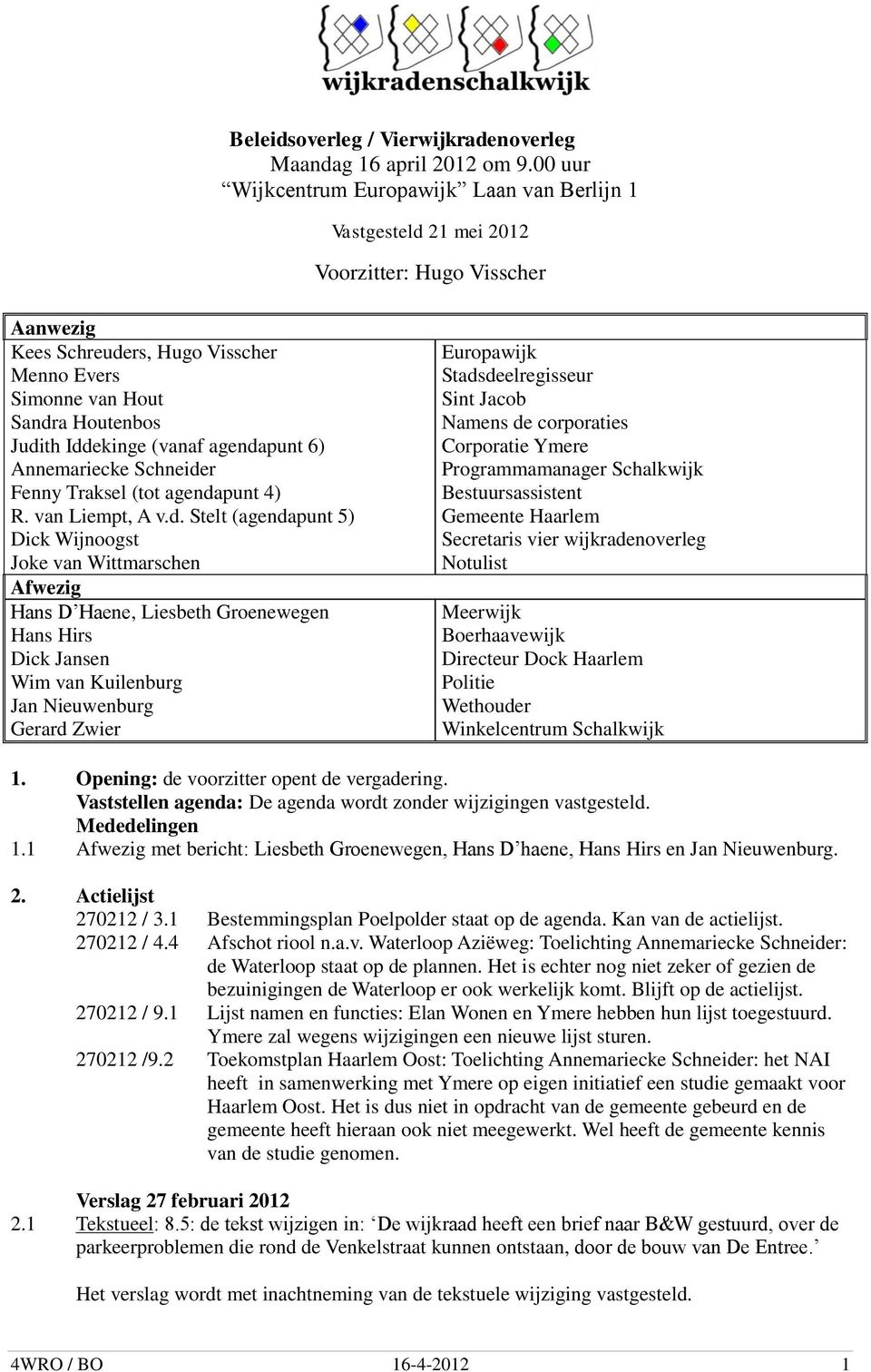 Iddekinge (vanaf agendapunt 6) Annemariecke Schneider Fenny Traksel (tot agendapunt 4) R. van Liempt, A v.d. Stelt (agendapunt 5) Dick Wijnoogst Joke van Wittmarschen Afwezig Hans D Haene, Liesbeth