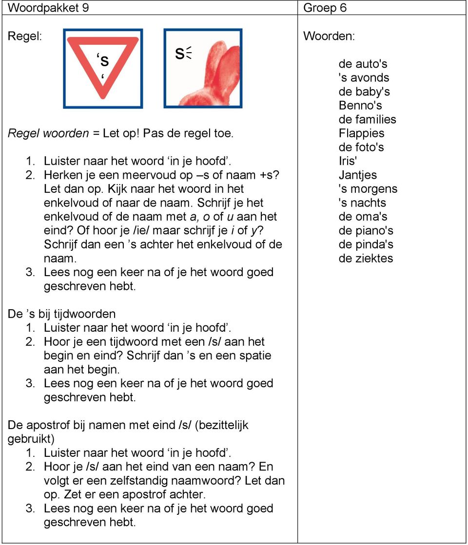 de auto's 's avonds de baby's Benno's de families Flappies de foto's Iris' Jantjes 's morgens 's nachts de oma's de piano's de pinda's de ziektes De s bij tijdwoorden 2.