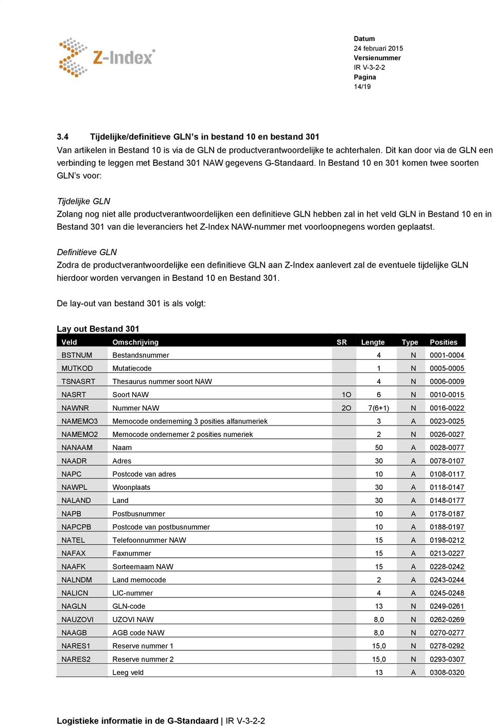 In Bestand 10 en 301 komen twee soorten GLN s voor: Tijdelijke GLN Zolang nog niet alle productverantwoordelijken een definitieve GLN hebben zal in het veld GLN in Bestand 10 en in Bestand 301 van