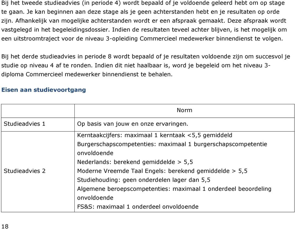 Indien de resultaten teveel achter blijven, is het mogelijk om een uitstroomtraject voor de niveau 3-opleiding Commercieel medewerker binnendienst te volgen.