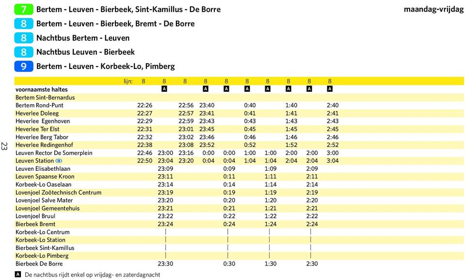 1:43 2:43 Heverlee Ter Elst 22:31 23:01 23:45 0:45 1:45 2:45 Heverlee Berg Tabor 22:32 23:02 23:46 0:46 1:46 2:46 Heverlee Redingenhof 22:3 23:0 23:52 0:52 1:52 2:52 Leuven Rector De Somerplein 22:46