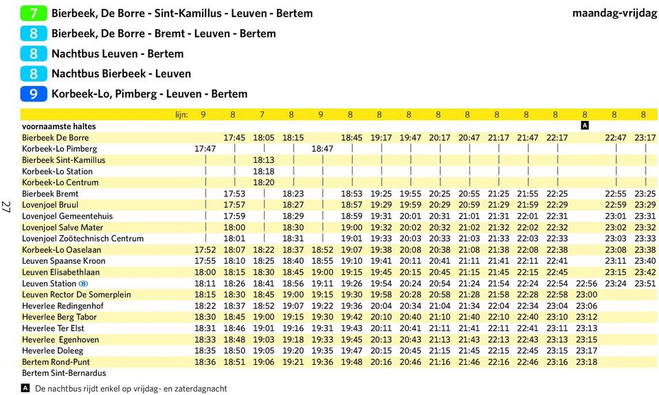 Sint-Kamillus 1:13 Korbeek-Lo Station 1:1 Korbeek-Lo Centrum 1:20 Bierbeek Bremt 1:53 1:23 1:53 1:25 1:55 20:25 20:55 21:25 21:55 22:25 22:55 23:25 Lovenjoel Bruul 1:5 1:2 1:5 1:2 1:5 20:2 20:5 21:2