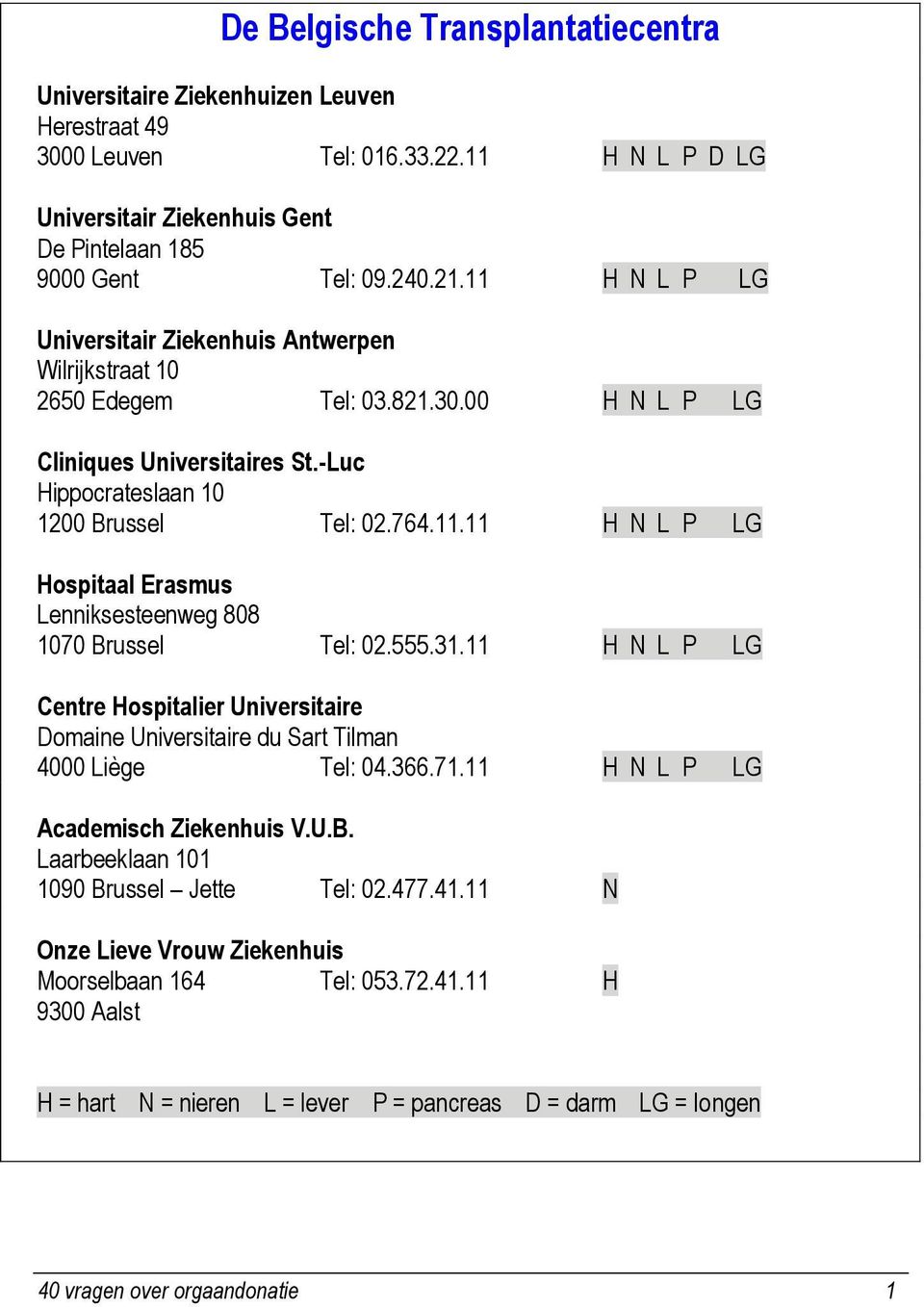 555.31.11 H N L P LG Centre Hospitalier Universitaire Domaine Universitaire du Sart Tilman 4000 Liège Tel: 04.366.71.11 H N L P LG Academisch Ziekenhuis V.U.B.
