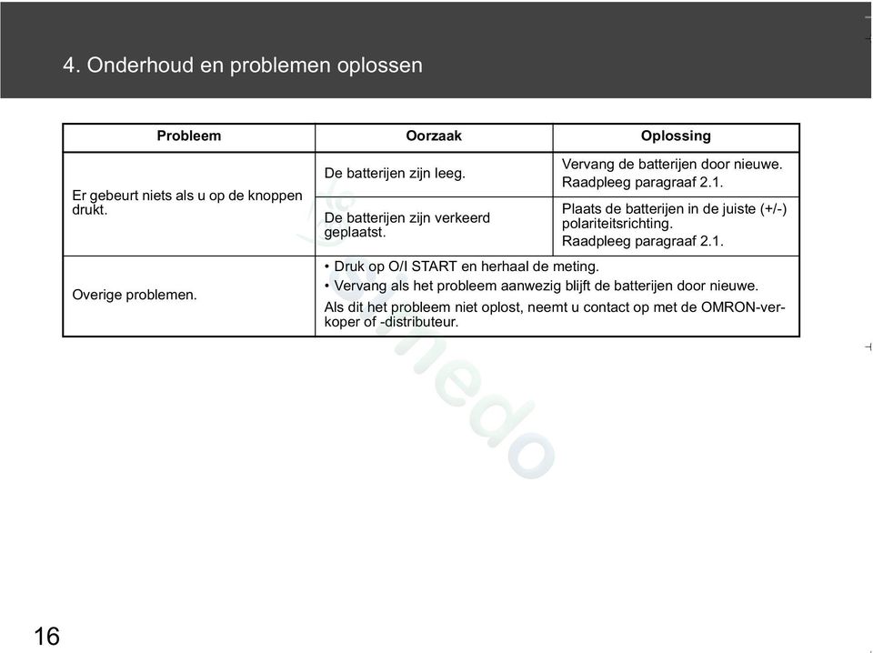 Plaats de batterijen in de juiste (+/-) polariteitsrichting. Raadpleeg paragraaf 2.1. Druk op O/I START en herhaal de meting.