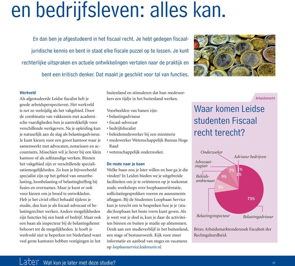 Werkveld Als afgestudeerde Leidse fiscalist heb je goede arbeidsperspectieven. Het werkveld is net zo veelzijdig als het vakgebied.