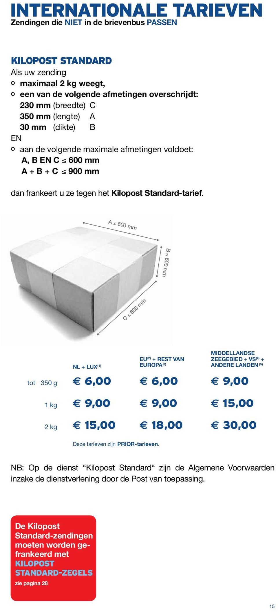 A 600 mm B 600 mm C 600 mm nl + lux (1) EU (2) + REst van europa (3) Middellandse zeegebied + VS (4) + andere landen (5) tot 350 g 6,00 6,00 9,00 1 kg 9,00 9,00 15,00 2 kg 15,00 18,00 30,00 Deze