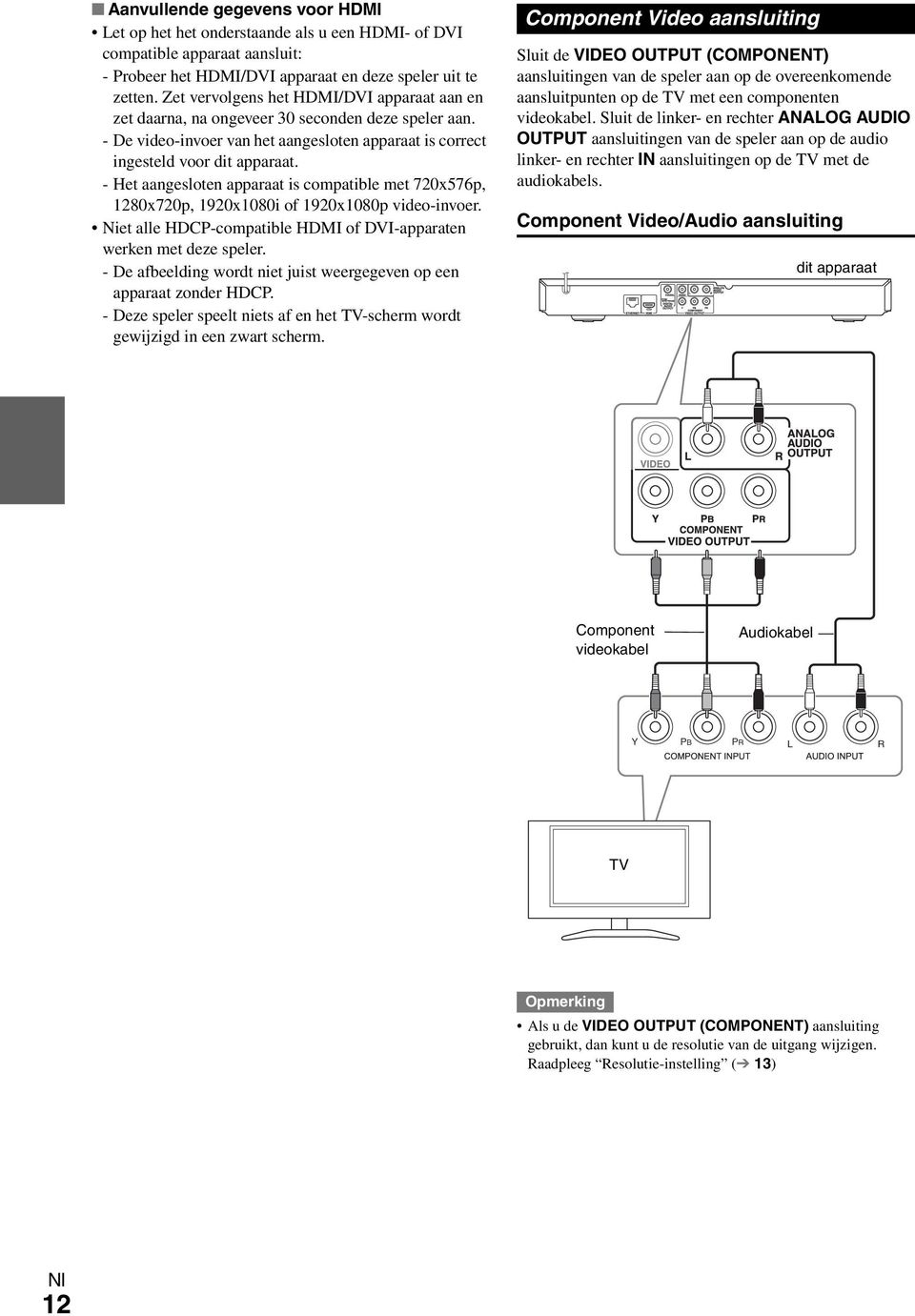 - Het aangesloten apparaat is compatible met 70x576p, 80x70p, 90x080i of 90x080p video-invoer. Niet alle HDCP-compatible HDMI of DVI-apparaten werken met deze speler.