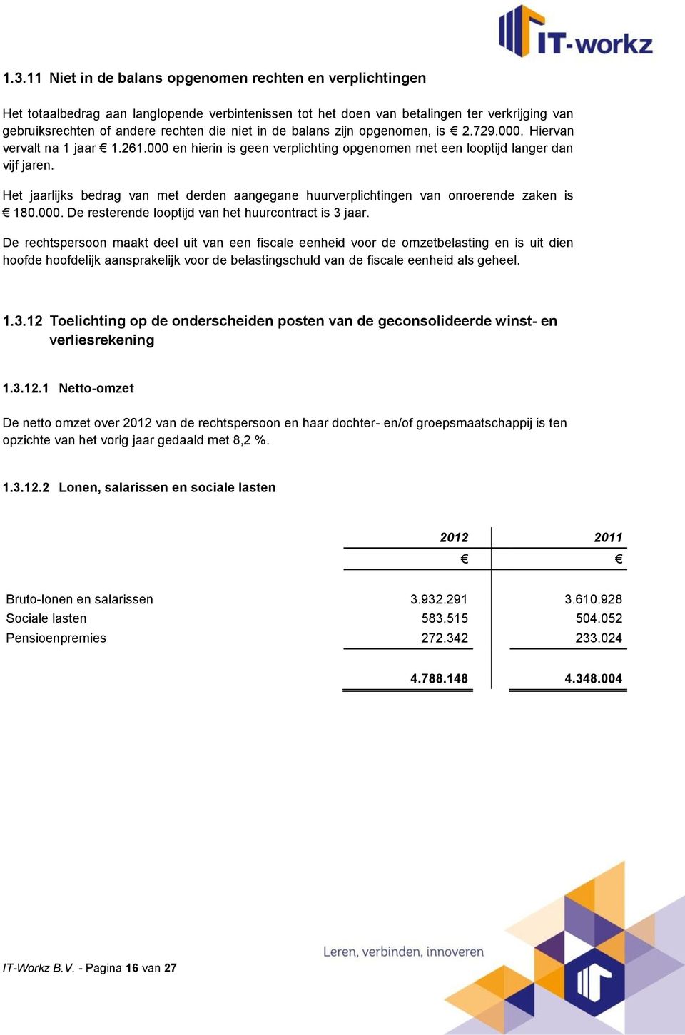 Het jaarlijks bedrag van met derden aangegane huurverplichtingen van onroerende zaken is 180.000. De resterende looptijd van het huurcontract is 3 jaar.