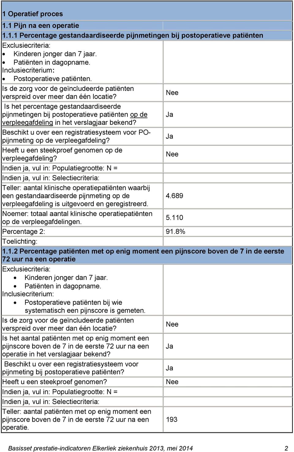 Is het percentage gestandaardiseerde pijnmetingen bij postoperatieve patiënten op de verpleegafdeling in het verslagjaar bekend?