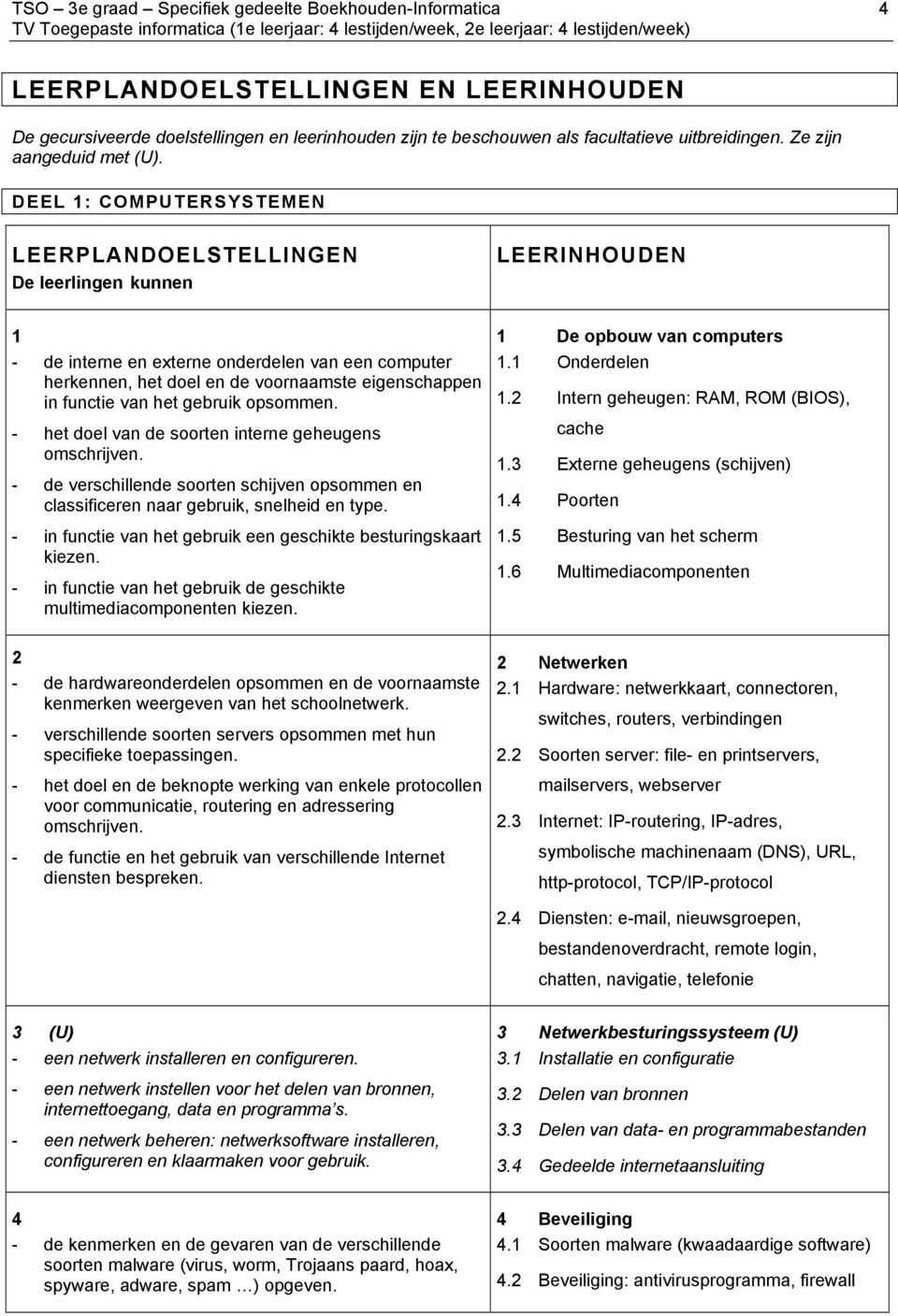 DEEL 1: COMPUTERSYSTEMEN LEERPLANDOELSTELLINGEN De leerlingen kunnen LEERINHOUDEN 1 - de interne en externe onderdelen van een computer herkennen, het doel en de voornaamste eigenschappen in functie