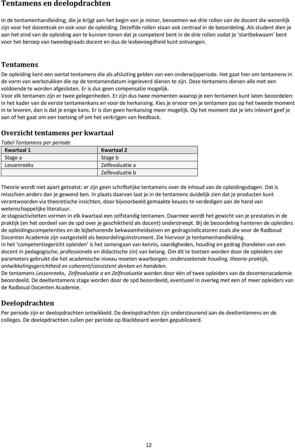 Als student dien je aan het eind van de opleiding aan te kunnen tonen dat je competent bent in de drie rollen zodat je startbekwaam bent voor het beroep van tweedegraads docent en dus de