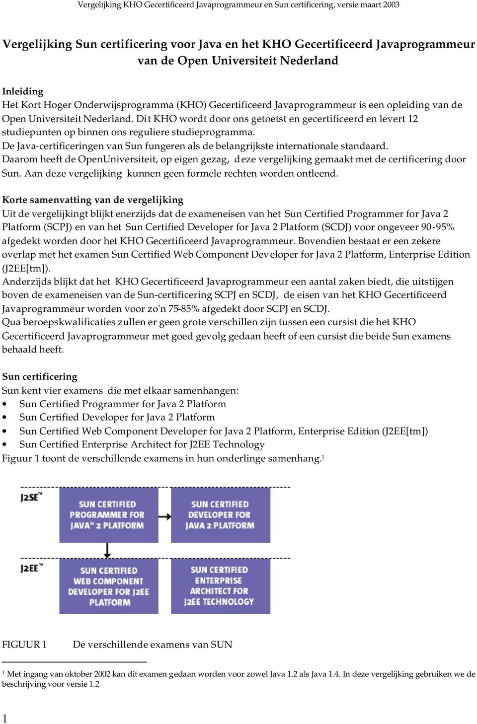 De Java-certificeringen van Sun fungeren als de belangrijkste internationale standaard. Daarom heeft de OpenUniversiteit, op eigen gezag, deze vergelijking gemaakt met de certificering door Sun.