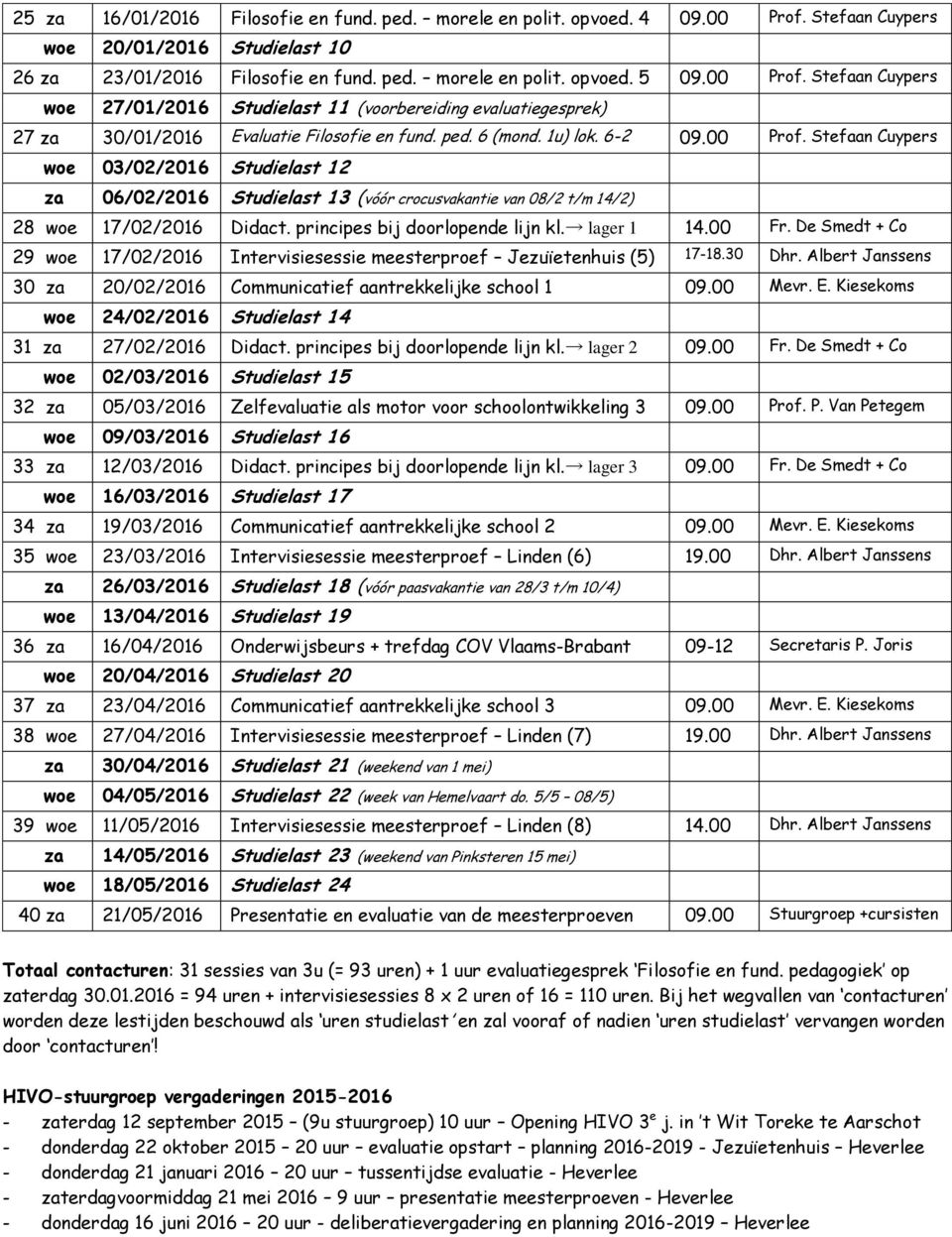 principes bij doorlopende lijn kl. lager 1 14.00 Fr. De Smedt + Co 29 woe 17/02/2016 Intervisiesessie meesterproef Jezuïetenhuis (5) 17-18.30 Dhr.