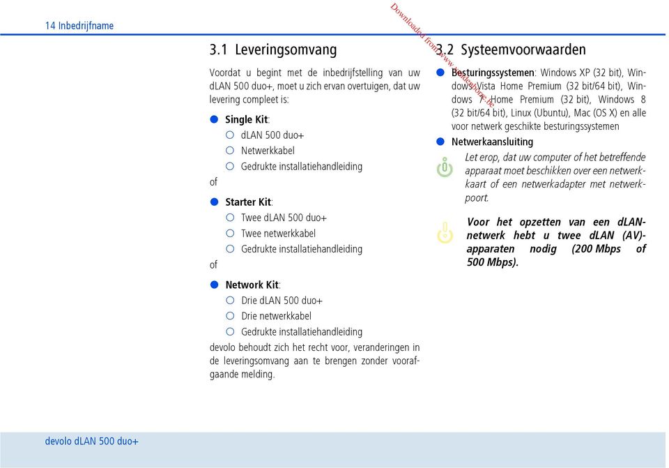 installatiehandleiding of Starter Kit: Twee dlan 500 duo+ Twee netwerkkabel Gedrukte installatiehandleiding of Network Kit: Drie dlan 500 duo+ Drie netwerkkabel Gedrukte installatiehandleiding devolo