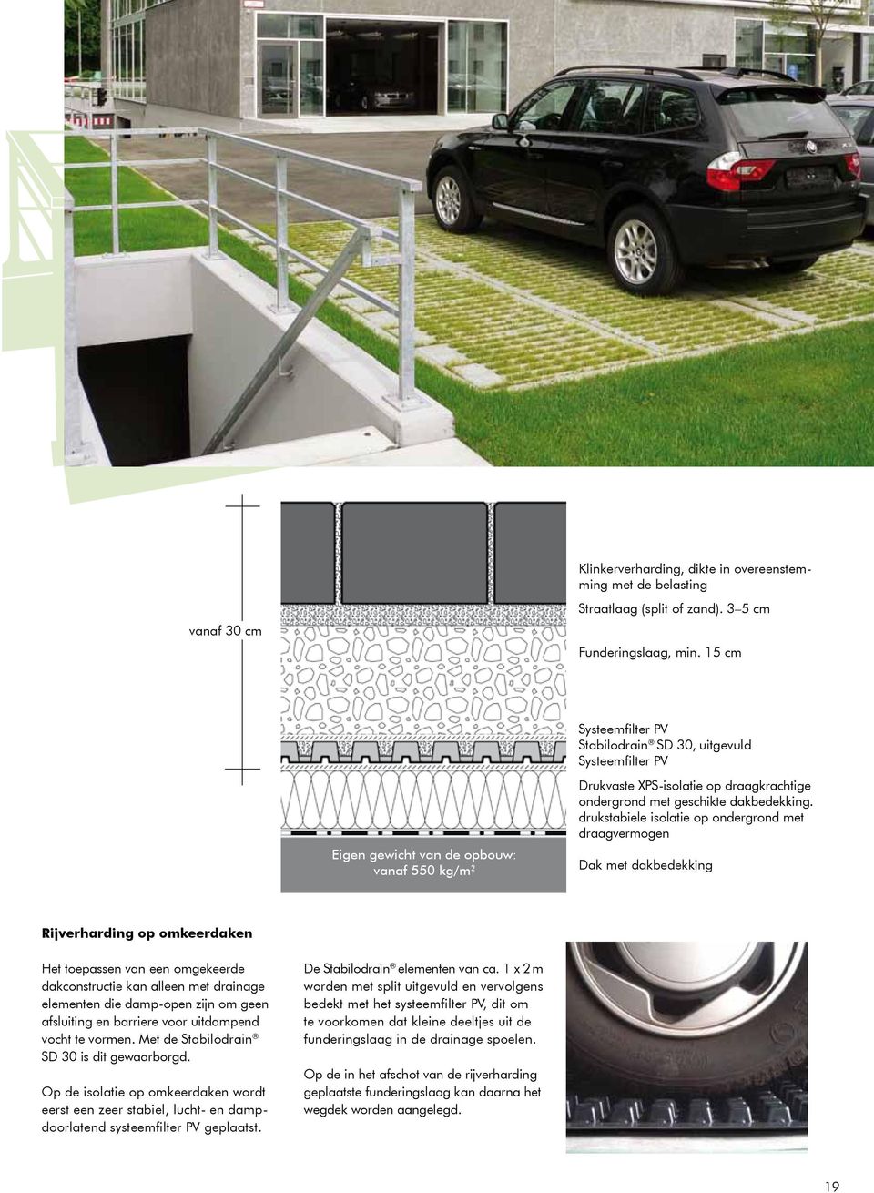 drukstabiele isolatie op ondergrond met draagvermogen Dak met dakbedekking Rijverharding op omkeerdaken Het toepassen van een omgekeerde dakconstructie kan alleen met drainage elementen die damp-open