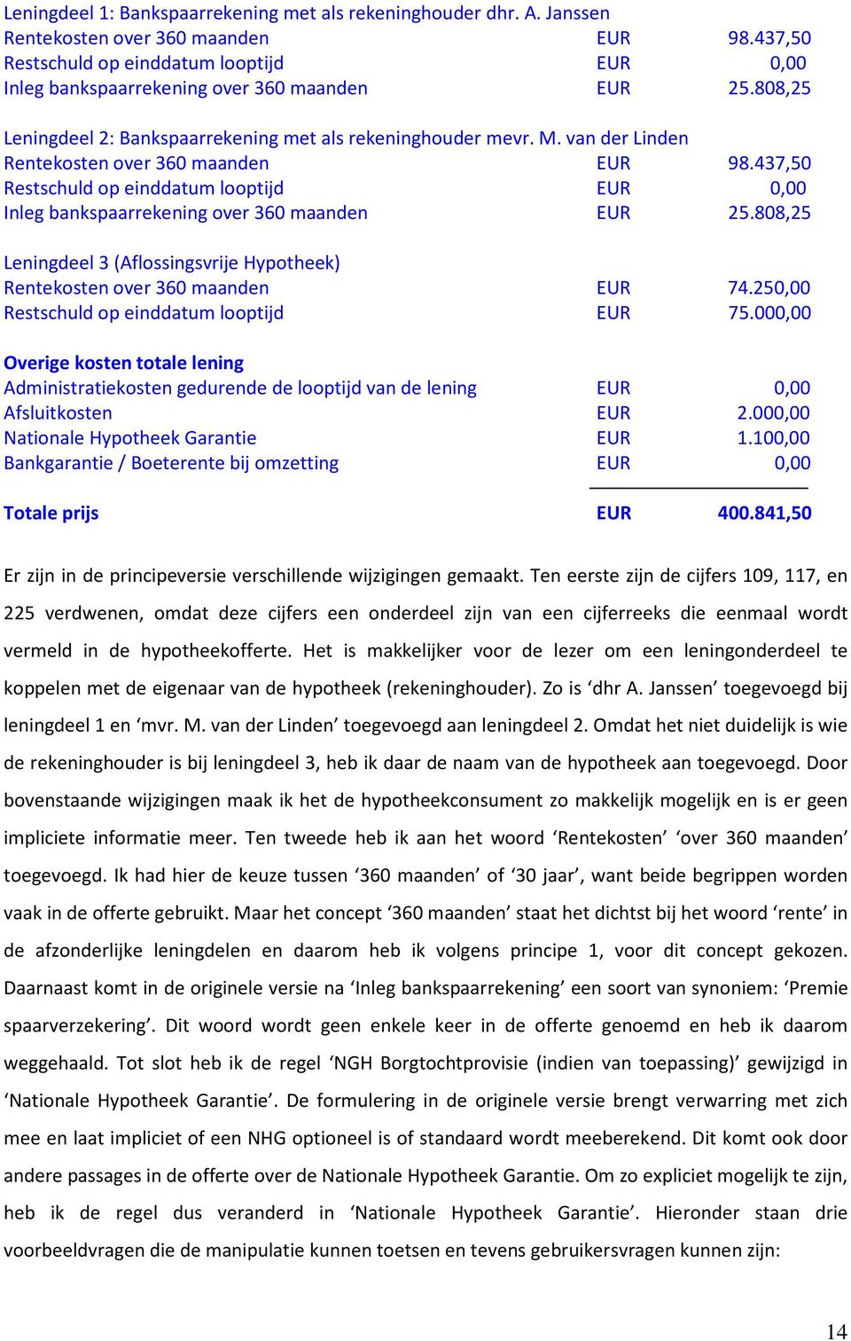 van der Linden Rentekosten over 360 maanden EUR 98.437,50 Restschuld op einddatum looptijd EUR 0,00 Inleg bankspaarrekening over 360 maanden EUR 25.