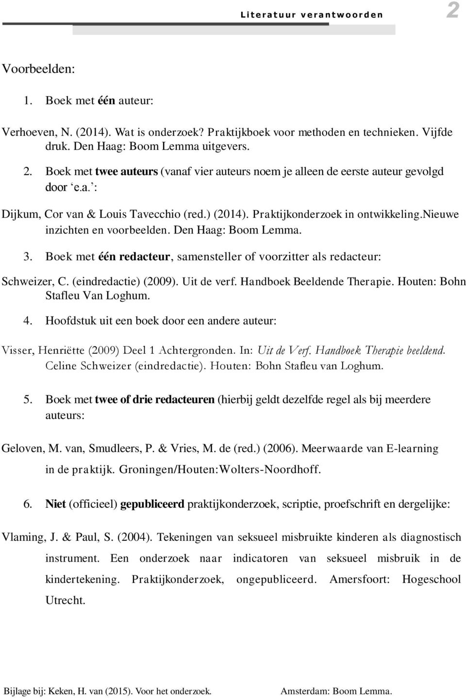 Praktijkonderzoek in ontwikkeling.nieuwe inzichten en voorbeelden. Den Haag: Boom Lemma. 3. Boek met één redacteur, samensteller of voorzitter als redacteur: Schweizer, C. (eindredactie) (2009).