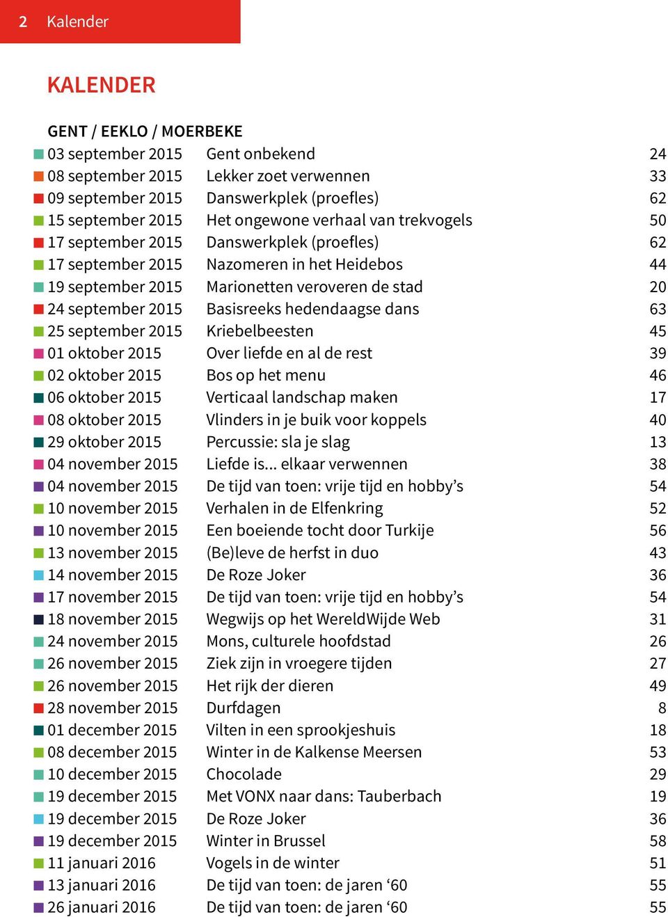 hedendaagse dans 63 25 september 2015 Kriebelbeesten 45 01 oktober 2015 Over liefde en al de rest 39 02 oktober 2015 Bos op het menu 46 06 oktober 2015 Verticaal landschap maken 17 08 oktober 2015