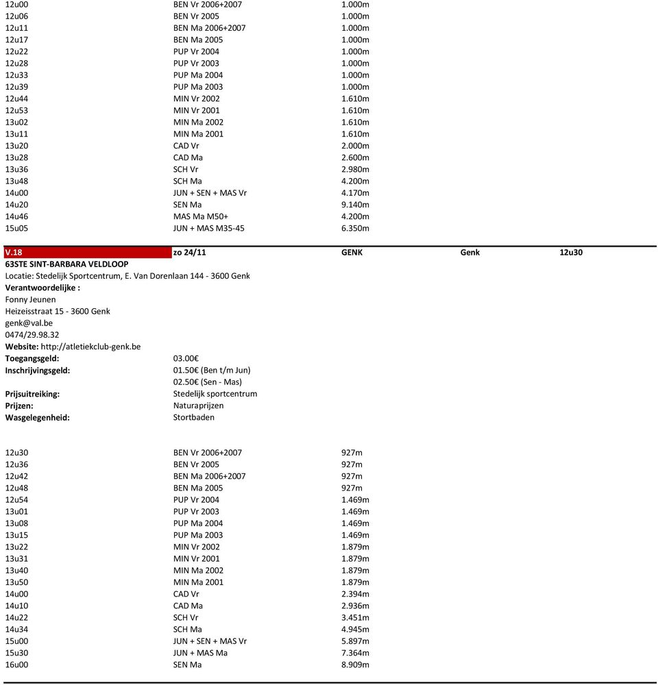 980m 13u48 SCH Ma 4.200m 14u00 JUN + SEN + MAS Vr 4.170m 14u20 SEN Ma 9.140m 14u46 MAS Ma M50+ 4.200m 15u05 JUN + MAS M35-45 6.350m V.