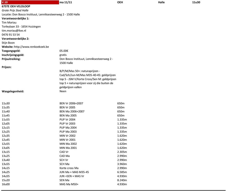 be Don Bosco Instituut, Lenniksesteenweg 2-1500 Halle B/P/M/Mas 50+: naturaprijzen - Cad/Sch/Jun-M/Mas M35-40-45: geldprijzen top 5 - JSM V/Korte Cross/Sen M: geldprijzen top 5 + naturaprijzen voor