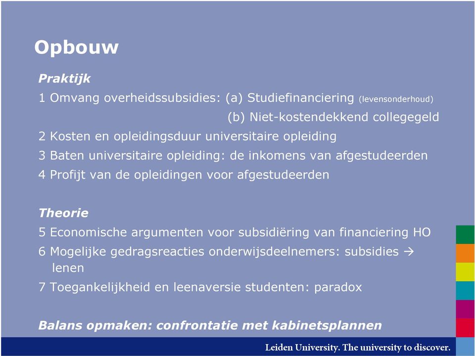 opleidingen voor afgestudeerden Theorie 5 Economische argumenten voor subsidiëring van financiering HO 6 Mogelijke gedragsreacties