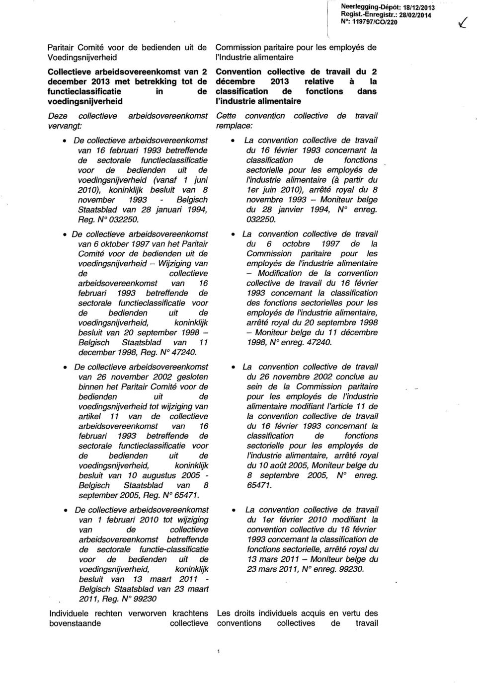 voedingsnijverheid Deze collectieve arbeidsovereenkomst vervangt: De collectieve arbeidsovereenkomst van 16 februari 1993 betreffende de sectorale functieclassificatie voor de bedienden uit de