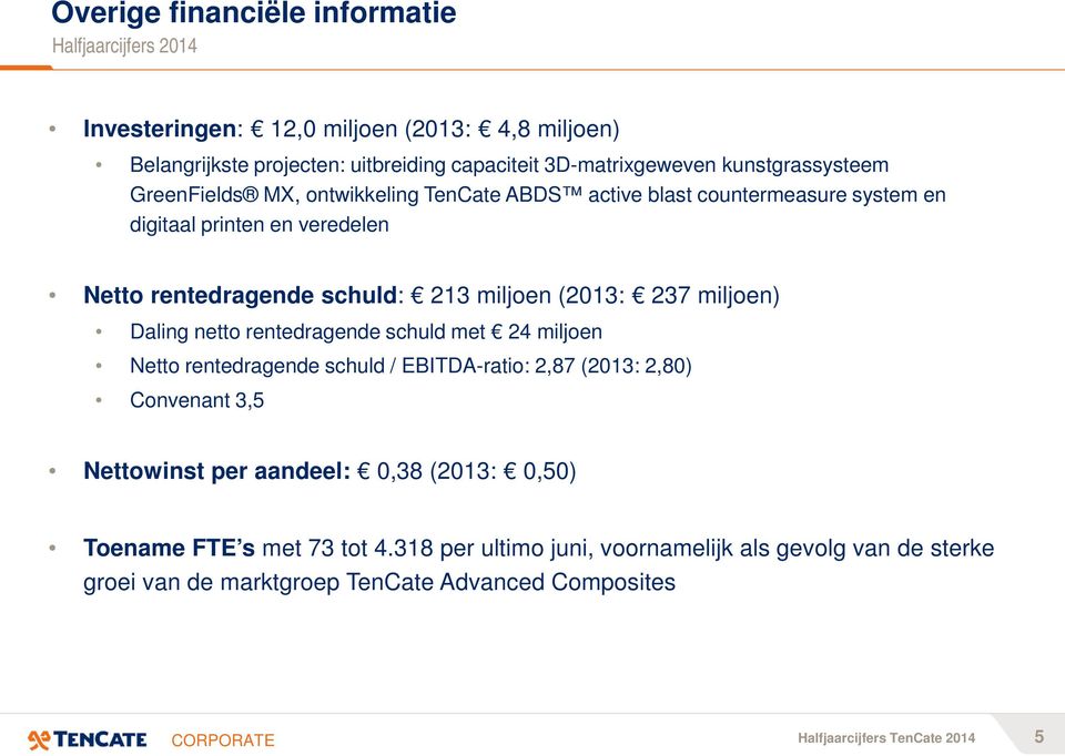 (2013: 237 miljoen) Daling netto rentedragende schuld met 24 miljoen Netto rentedragende schuld / EBITDA-ratio: 2,87 (2013: 2,80) Convenant 3,5 Nettowinst per aandeel: