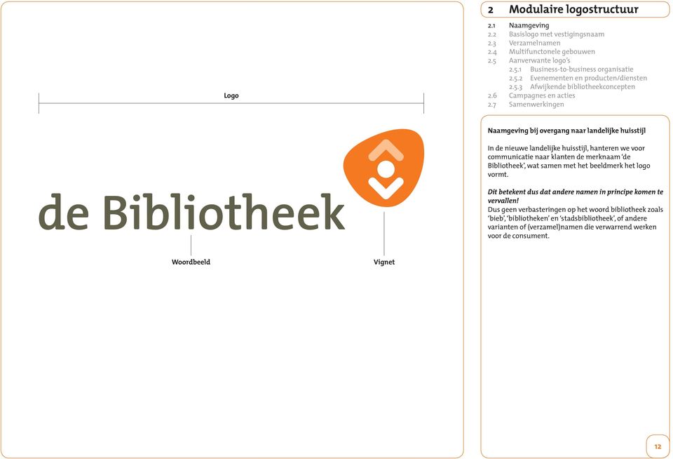 7 Samenwerkingen Naamgeving bij overgang naar landelijke huisstijl In de nieuwe landelijke huisstijl, hanteren we voor communicatie naar klanten de merknaam de Bibliotheek, wat samen met het