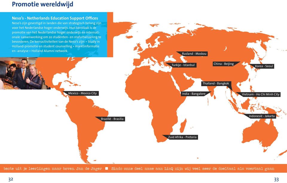 De kernactiviteiten van de Neso s zijn: Study in Holland-promotie en student counselling marktinformatie en -analyse Holland Alumni network.