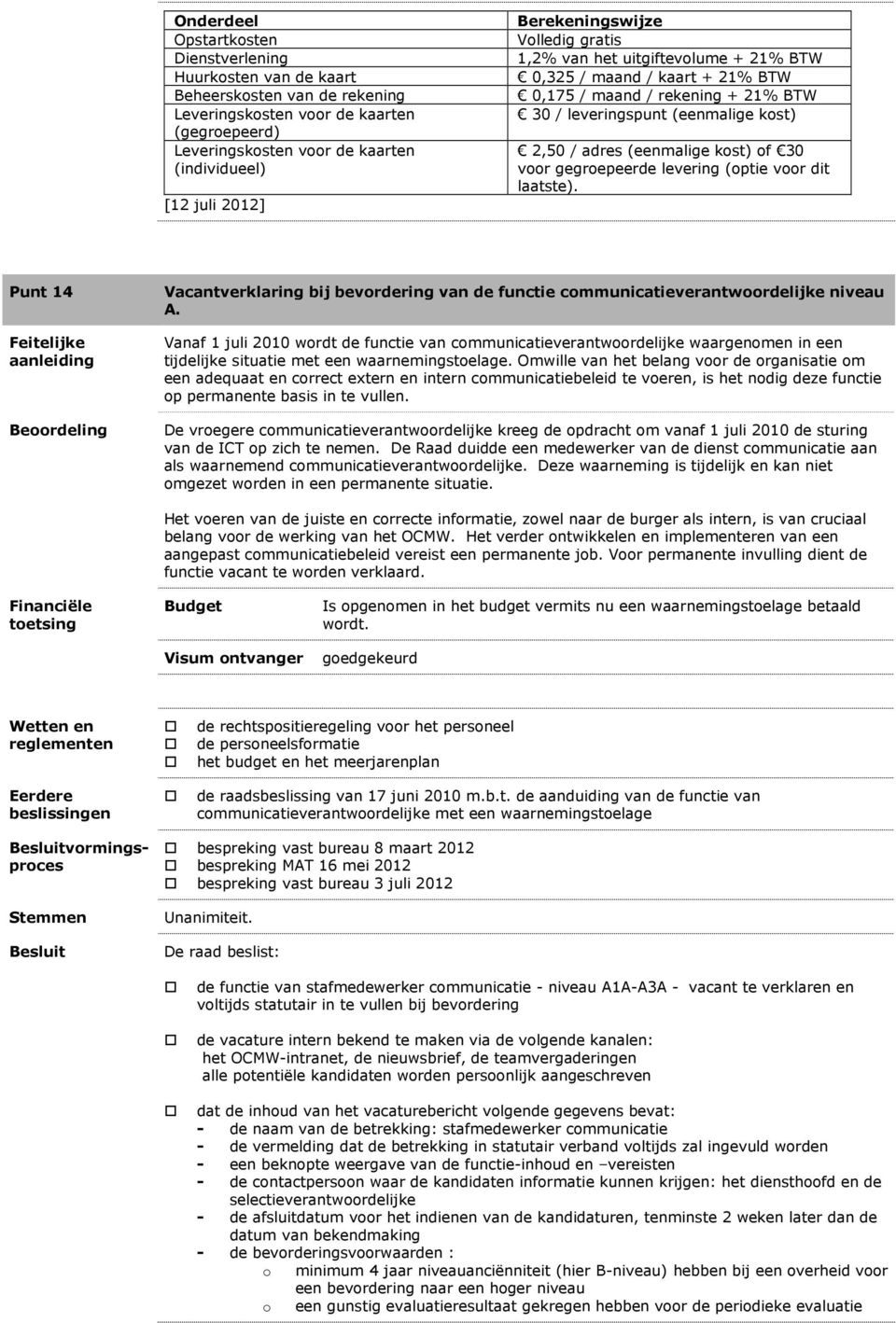 kost) of 30 voor gegroepeerde levering (optie voor dit laatste). Punt 14 Vacantverklaring bij bevordering van de functie communicatieverantwoordelijke niveau A.