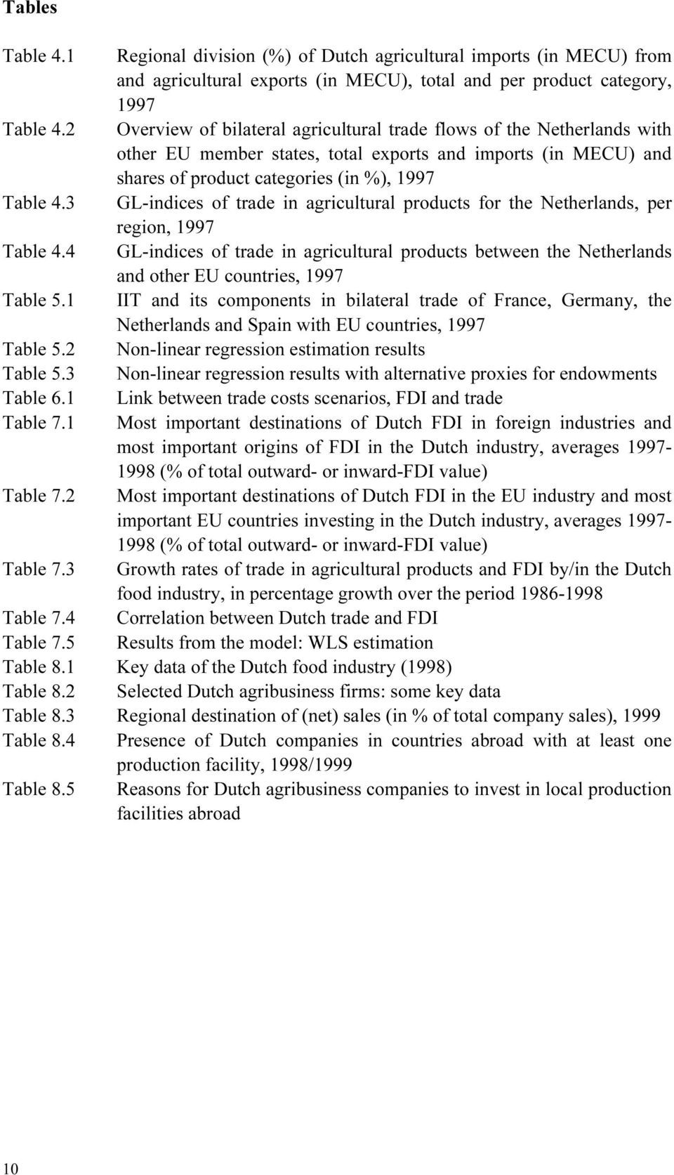 Netherlands with other EU member states, total exports and imports (in MECU) and shares of product categories (in %), 1997 GL-indices of trade in agricultural products for the Netherlands, per