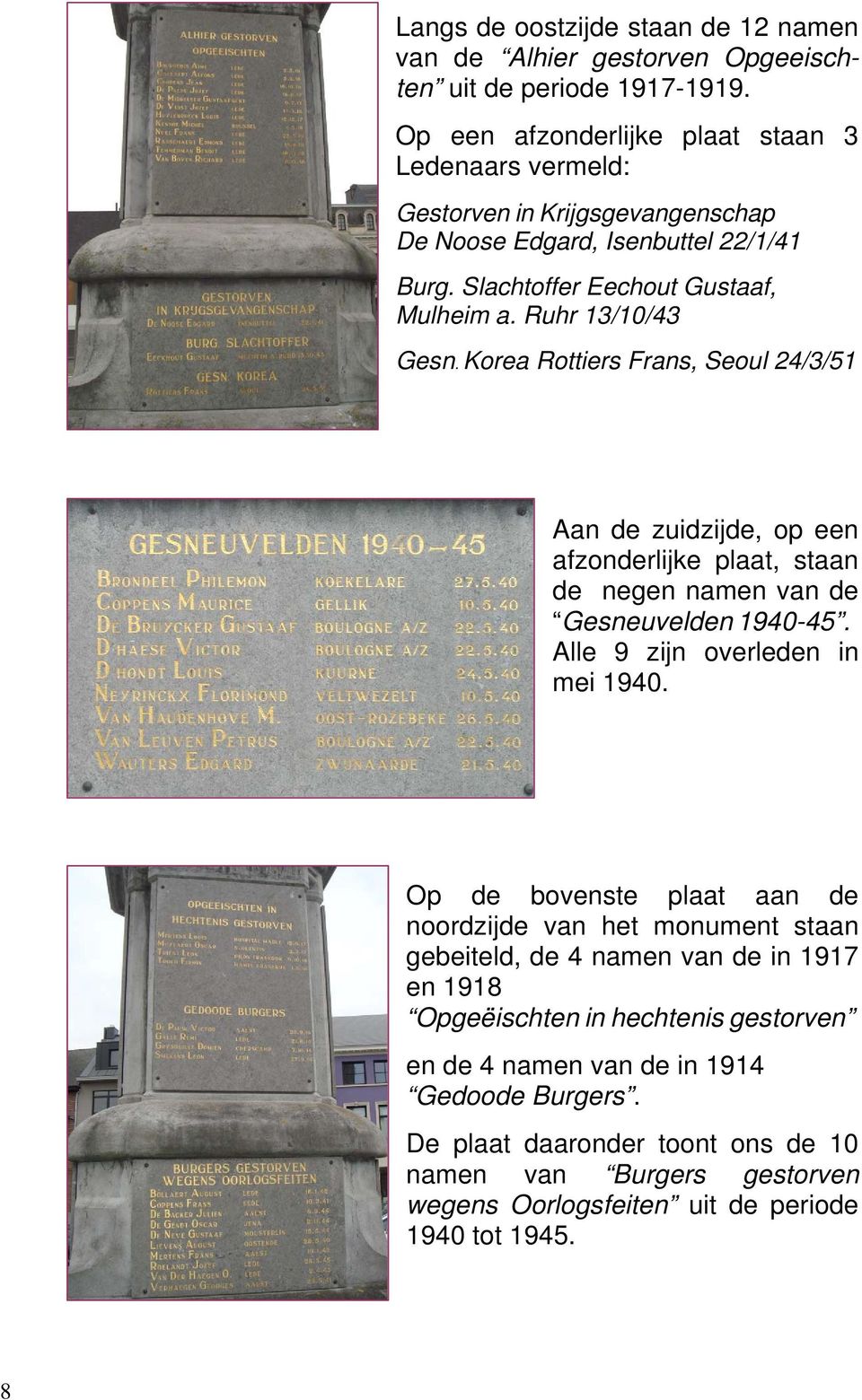 Korea Rottiers Frans, Seoul 24/3/51 Aan de zuidzijde, op een afzonderlijke plaat, staan de negen namen van de Gesneuvelden 1940-45. Alle 9 zijn overleden in mei 1940.