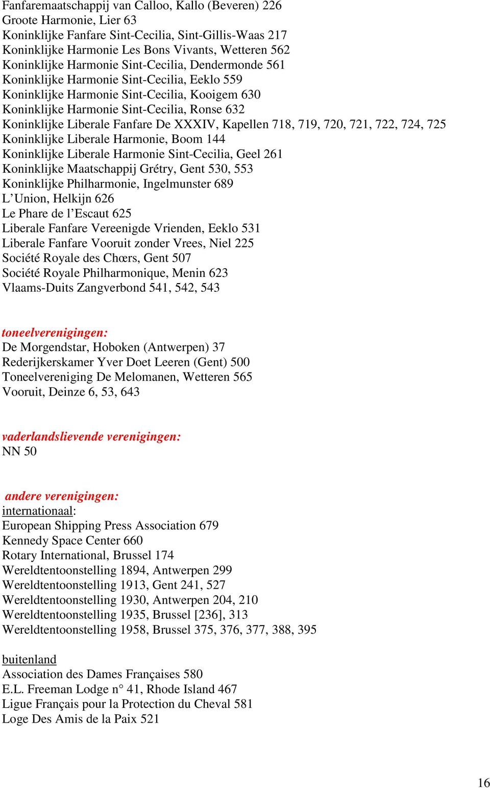 Fanfare De XXXIV, Kapellen 718, 719, 720, 721, 722, 724, 725 Koninklijke Liberale Harmonie, Boom 144 Koninklijke Liberale Harmonie Sint-Cecilia, Geel 261 Koninklijke Maatschappij Grétry, Gent 530,