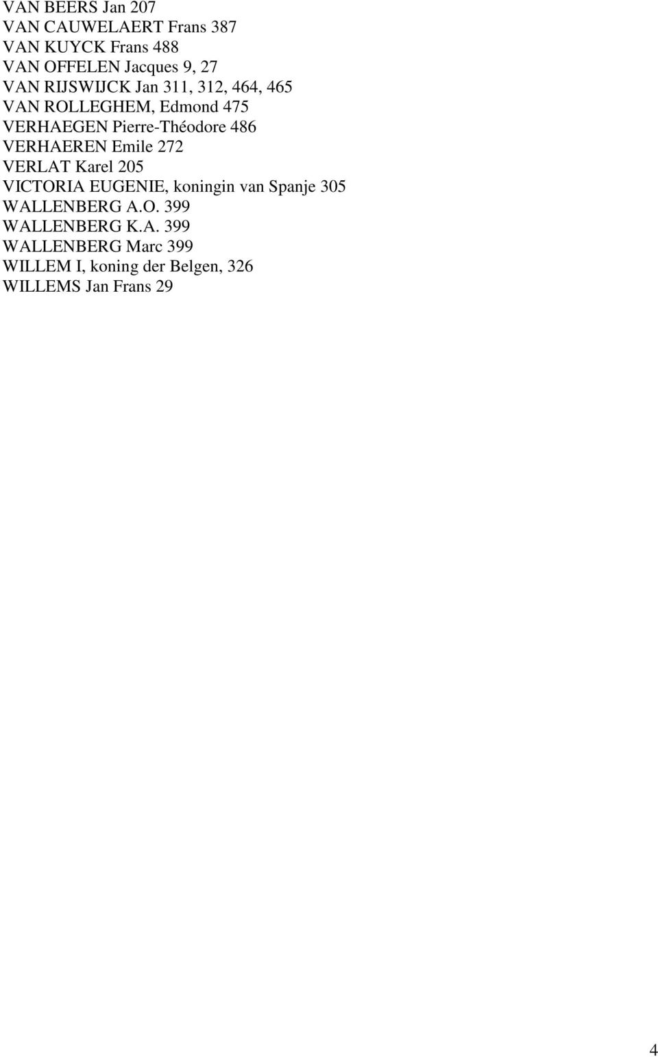 VERHAEREN Emile 272 VERLAT Karel 205 VICTORIA EUGENIE, koningin van Spanje 305 WALLENBERG A.O. 399 WALLENBERG K.
