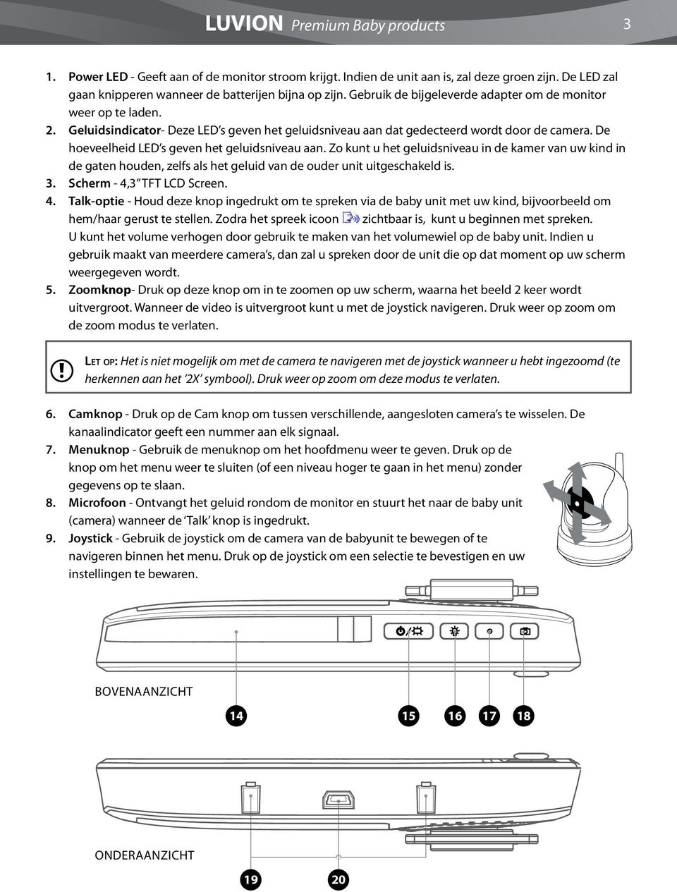 De hoeveelheid LED s geven het geluidsniveau aan. Zo kunt u het geluidsniveau in de kamer van uw kind in de gaten houden, zelfs als het geluid van de ouder unit uitgeschakeld is. 3.