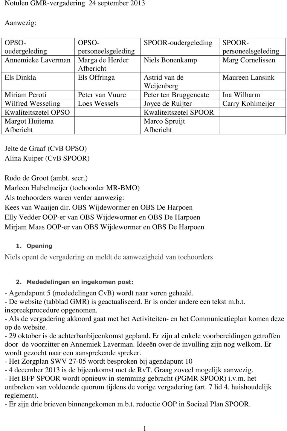 Carry Kohlmeijer Kwaliteitszetel OPSO Kwaliteitszetel SPOOR Margot Huitema Afbericht Marco Spruijt Afbericht Jelte de Graaf (CvB OPSO) Alina Kuiper (CvB SPOOR) Rudo de Groot (ambt. secr.