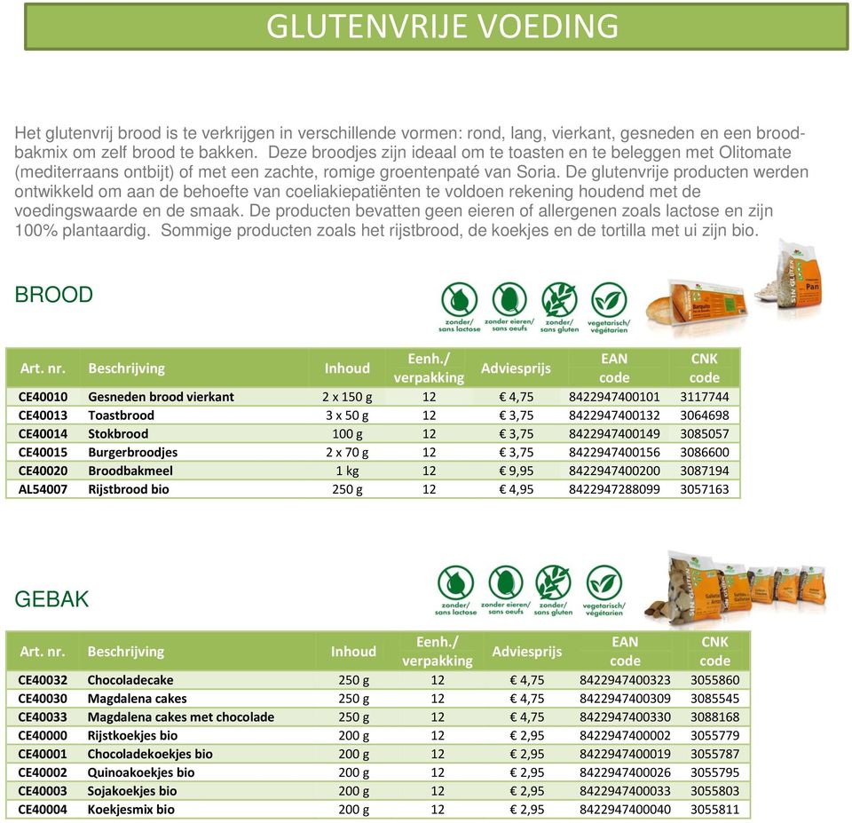 De glutenvrije producten werden ontwikkeld om aan de behoefte van coeliakiepatiënten te voldoen rekening houdend met de voedingswaarde en de smaak.
