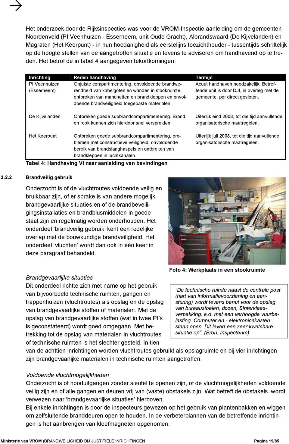 Het betrof de in tabel 4 aangegeven tekortkomingen: Inrichting Reden handhaving Termijn Veenhuizen (Esserheem) Onjuiste compartimentering, onvoldoende brandwerendheid van kabelgoten en wanden in