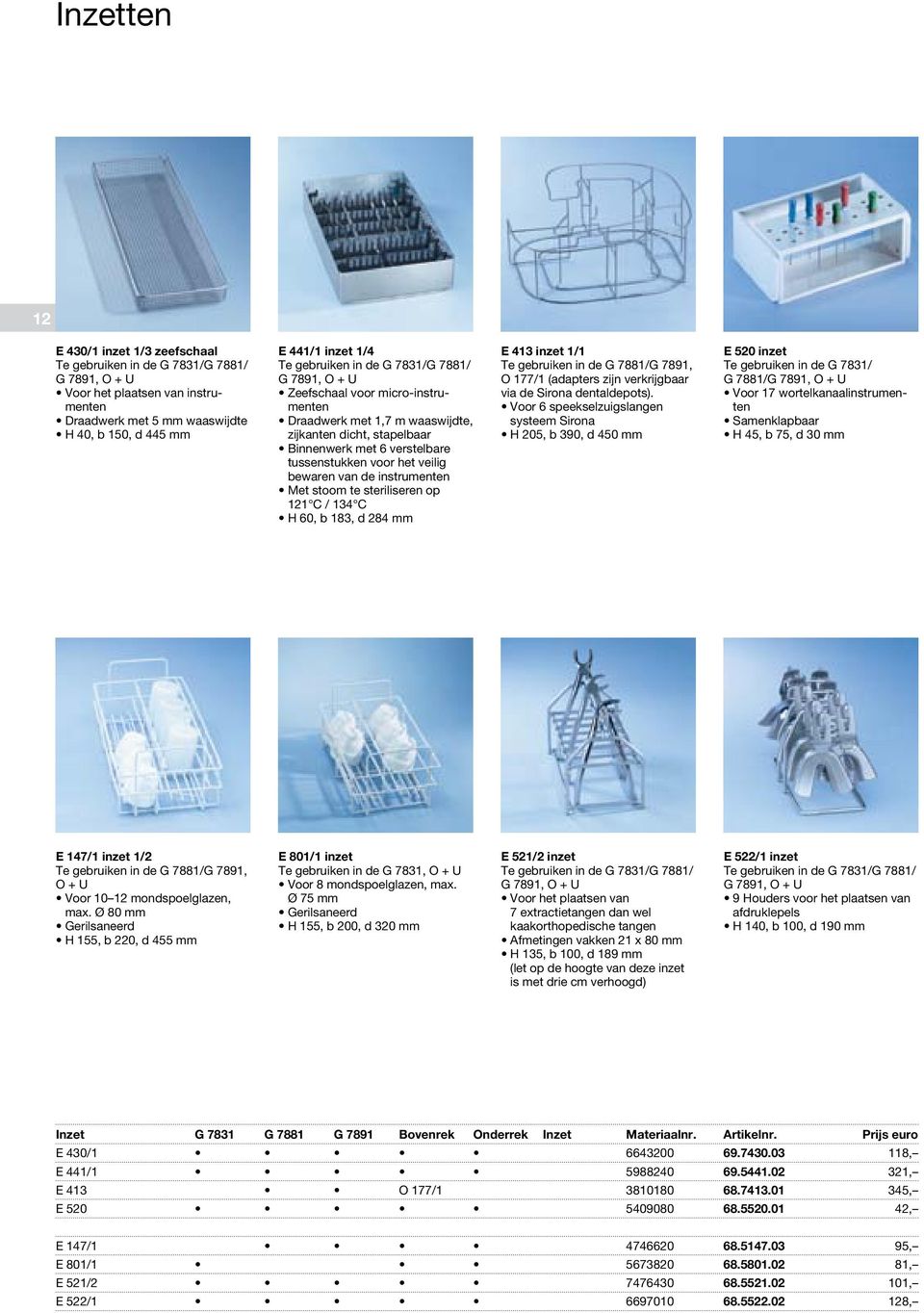 bewaren van de instrumenten Met stoom te steriliseren op 121 C / 134 C H 60, b 183, d 284 mm E 413 inzet 1/1 Te gebruiken in de G 7881/G 7891, O 177/1 (adapters zijn verkrijgbaar via de Sirona